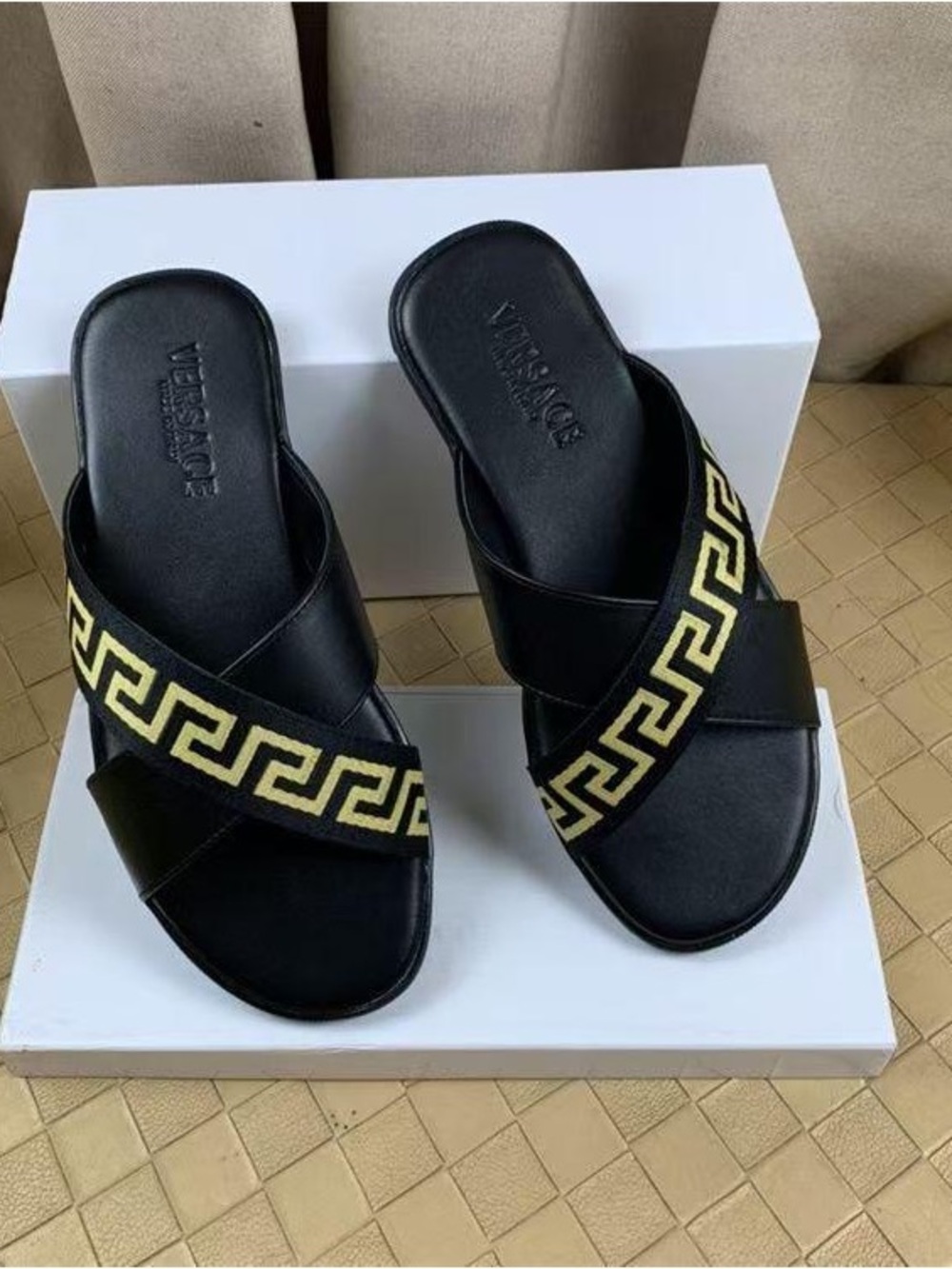 Versace Black Slide Sandals with Gold Greek Key Strap Size 42